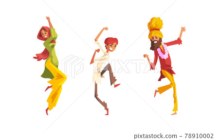 Set of Indian People in Traditional Clothes Performing Folk Dance Cartoon Vector Illustration 78910002