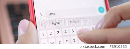 An SMS with the word hello is pressed on smartphone screen 78910283