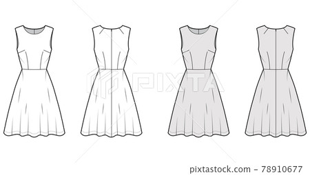 Dress flared skater technical fashion illustration with sleeveless, fitted body, knee length semi-circular skirt. Flat Dress flared skater technical fashion illustration with sleeveless, fitted body, knee length semi-circular skirt. Flat 78910677