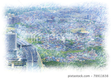 從海拔300m 看兵庫舞子的風景彩色鉛筆素描 插圖素材 圖庫