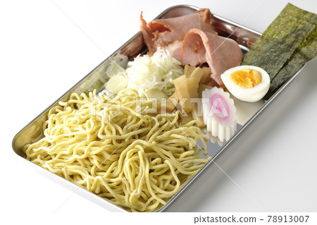 Photographed char siu, menma, Naruto, boiled egg, green onion, and seaweed on a cooking bat on a white background Photographed char siu, menma, Naruto, boiled egg, green onion, and seaweed on a cooking bat on a white background 78913007
