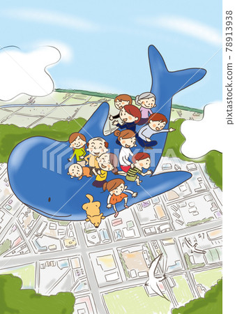 一家人乘坐鯨魚在城市中飛行 一家人乘坐鯨魚在城市中飛行 78913938