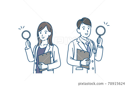 男人和女人在白色外套與放大鏡醫生科學家研究人員檢查插圖素材 男人和女人在白色外套與放大鏡醫生科學家研究人員檢查插圖素材 78915624