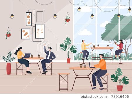 Cafe Illustration With View of People Sitting, Drinking Coffee, Working On Laptop, Chatting and Barista Standing At The Counter 78916406