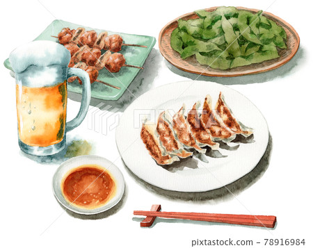 Analog watercolor mug beer yakitori gyoza yakitori edamame 78916984