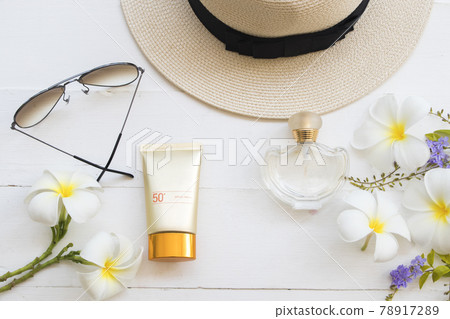 sunscreen spf50 cosmetics for skin face with accessories of lifestyle woman relax sunscreen spf50 cosmetics for skin face with accessories of lifestyle woman relax 78917289