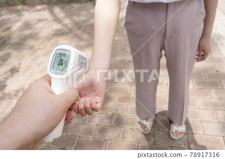 A woman who measures the temperature at a non-contact body temperature house 78917316