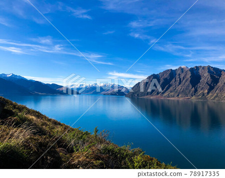 Beautiful landscape of mountain, lake and blue sky in Wanaka, south island, New Zealand. Beautiful landscape of mountain, lake and blue sky in Wanaka, south island, New Zealand. 78917335