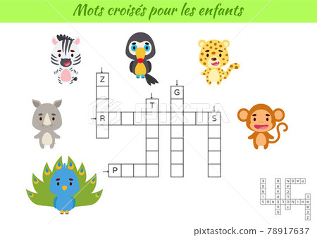 Crossword for kids in French with pictures of animals. Educational game for study French language and words. Children activity printable worksheet. Includes answers. Vector stock illustration 78917637