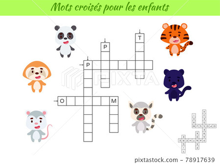 Crossword for kids in French with pictures of animals. Educational game for study French language and words. Children activity printable worksheet. Includes answers. Vector stock illustration 78917639
