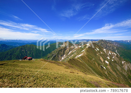 Clear sky and Tanigawa mountain range main ridgeline, shoulder hut Clear sky and Tanigawa mountain range main ridgeline, shoulder hut 78917678