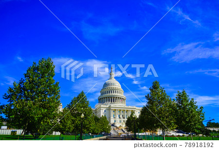 The white Capital building with a dome, green trees and blue sky.Famous buildings in Washington, D.C., U.S.A. October 2016. 78918192
