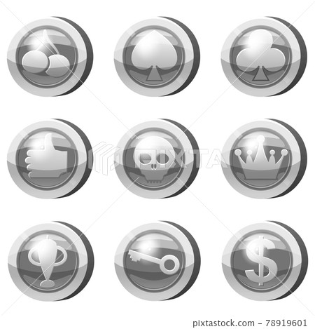 Set of Silver Coins for game apps. Grey icons, card suits, crown, scull, key, goblet, symbols game UI, gaming gambling. Vector illustration 78919601