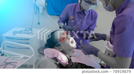 Dentist appointment Ortadont, installation of braces on teeth, patient on the couch Dentist appointment Ortadont, installation of braces on teeth, patient on the couch 78919879