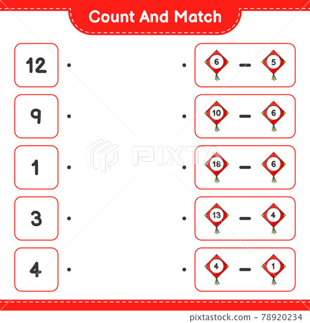 Count and match, count the number of Kite and match with the right numbers. Educational children game, printable worksheet, vector illustration 78920234