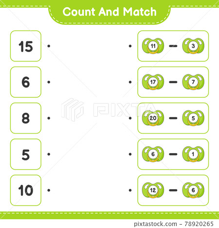 Count and match, count the number of Pacifier and match with the right numbers. Educational children game, printable worksheet, vector illustration Count and match, count the number of Pacifier and match with the right numbers. Educational children game, printable worksheet, vector illustration 78920265