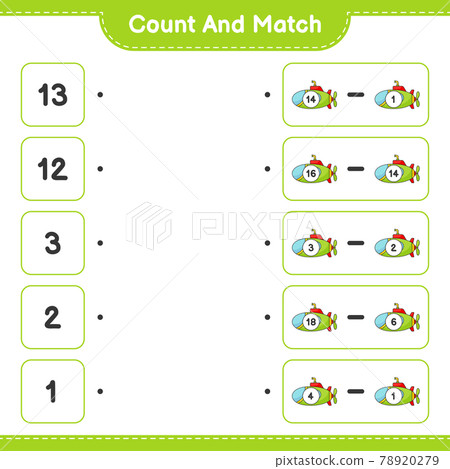Count and match, count the number of Submarine and match with the right numbers. Educational children game, printable worksheet, vector illustration Count and match, count the number of Submarine and match with the right numbers. Educational children game, printable worksheet, vector illustration 78920279