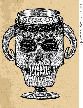 Textured black and white scary illustration of vector skull as a cup with horns. Mystic isolated drawing for Halloween with esoteric, gothic, occult concept 78921491