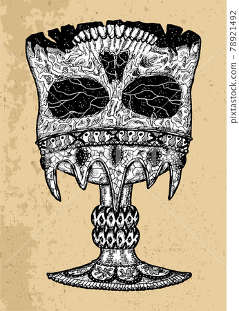 Textured black and white scary illustration of vector skull as an old chalice or cup. Mystic isolated drawing for Halloween with esoteric, gothic, occult concept 78921492