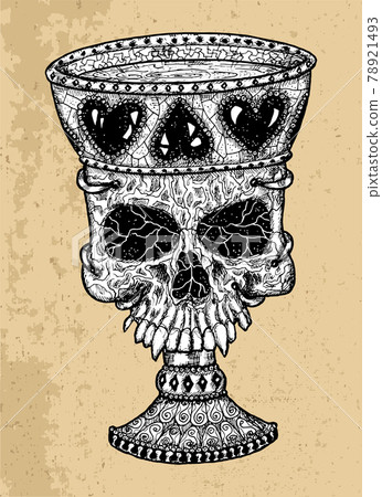 Textured black and white scary illustration of vector skull with decorated old cup. Mystic isolated drawing for Halloween with esoteric, gothic, occult concept 78921493