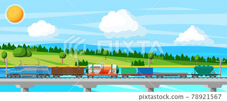 Train with Cargo Wagons, Cisterns, Tanks and Cars. Train with Cargo Wagons, Cisterns, Tanks and Cars. 78921567