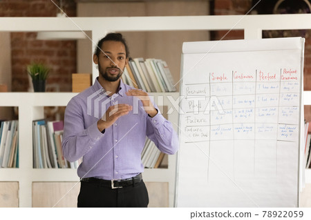 Happy professional african american teacher giving educational lecture. Happy professional african american teacher giving educational lecture. 78922059