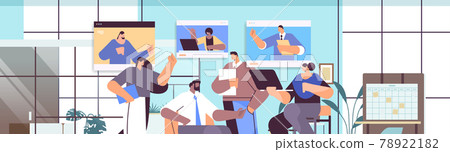 businesspeople team discussing with colleagues in web browser windows during video call virtual conference businesspeople team discussing with colleagues in web browser windows during video call virtual conference 78922182