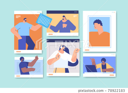 businesspeople in web browser windows discussing during video call business people team using virtual conference businesspeople in web browser windows discussing during video call business people team using virtual conference 78922183
