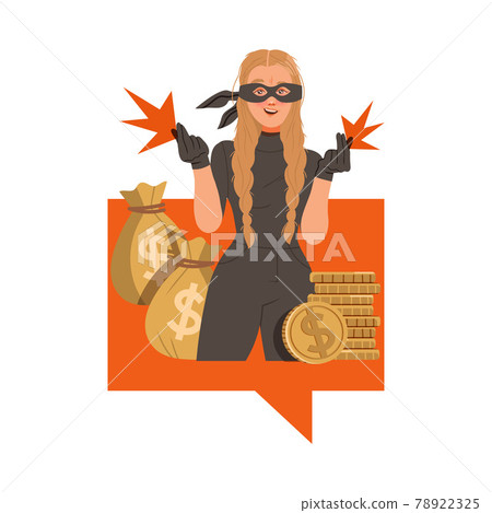 Woman Cybercriminal Wearing Black Mask Committing Network and Computer Crime Harming Security and Financial Health Vector Illustration 78922325