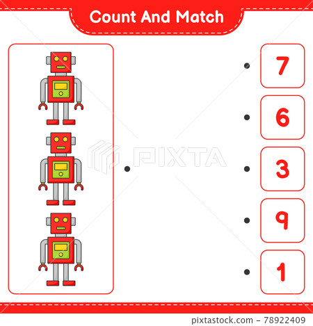Count and match, count the number of Robot Character and match with the right numbers. Educational children game, printable worksheet, vector illustration 78922409