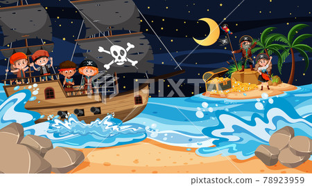 Treasure Island scene at night with Pirate kids on the ship 78923959