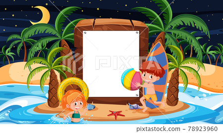 Kids on summer vacation at the beach night scene with an empty banner template 78923960