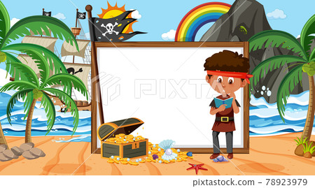 Empty banner template with pirate man at the beach daytime scene 78923979
