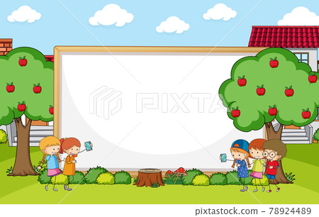 Empty banner with many kids doodle cartoon character in the park Empty banner with many kids doodle cartoon character in the park 78924489