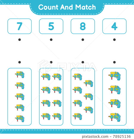 Count and match, count the number of Water Gun and match with the right numbers. Educational children game, printable worksheet, vector illustration Count and match, count the number of Water Gun and match with the right numbers. Educational children game, printable worksheet, vector illustration 78925136
