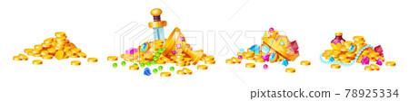 Treasure, golden coins, crystal gems, crown, sword 78925334