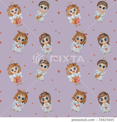 Kids collection of seamless patterns. Cute children angels - girls and boys with on a purple background with hearts. Watercolor. Hand drawing for design, decor, textiles, wallpaper and packaging Kids collection of seamless patterns. Cute children angels - girls and boys with on a purple background with hearts. Watercolor. Hand drawing for design, decor, textiles, wallpaper and packaging 78925605