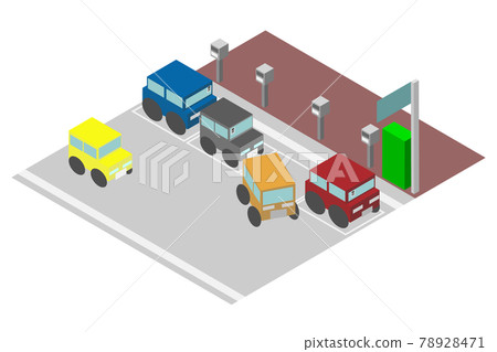 Isometric parallel parking cars and parking meters and parking areas 78928471