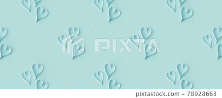 White tender paper cut hearts on blue background. Top view. Valentine's Day. Symbol of love. Copy space, seamless simple pattern, naive child art, header, for site, banner White tender paper cut hearts on blue background. Top view. Valentine's Day. Symbol of love. Copy space, seamless simple pattern, naive child art, header, for site, banner 78928663