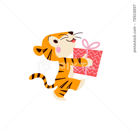 Cute little tiger character with gift box walk isolated on white background.  78928897