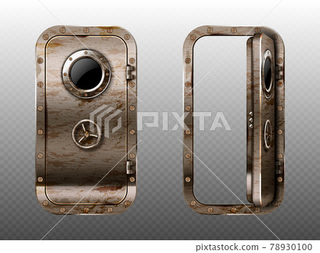 Old metal doors with porthole, rusty doorways. 78930100