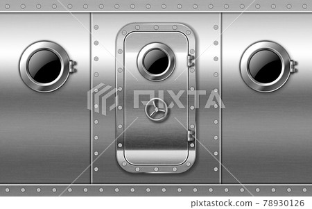 Metal door on wall with portholes and rivets. 78930126