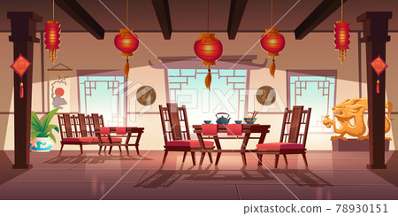 Chinese cafe interior with lanterns and dragons Chinese cafe interior with lanterns and dragons 78930151