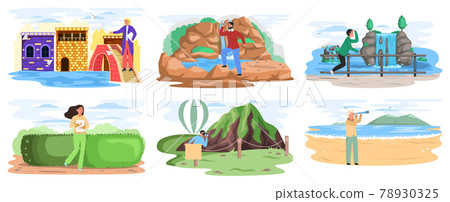 Set scenes with young tourists traveling people going on vacation trip. Travel and tourism concept Set scenes with young tourists traveling people going on vacation trip. Travel and tourism concept 78930325