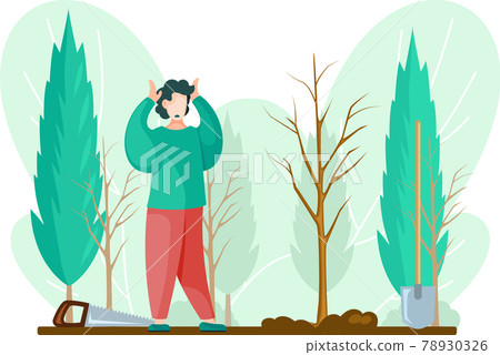Man with gardening tools standing holding his head with hands. Man buries seedling in ground Man with gardening tools standing holding his head with hands. Man buries seedling in ground 78930326