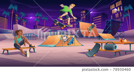 Teenagers at night skate park teens on rollerdrome Teenagers at night skate park teens on rollerdrome 78930460