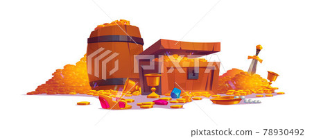 Treasure with pile of gold coins, jewelry and gem Treasure with pile of gold coins, jewelry and gem 78930492