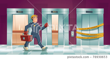 Repair man and out of order elevator 78930653