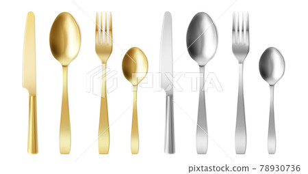 3d cutlery golden and silver fork, knife and spoon 78930736