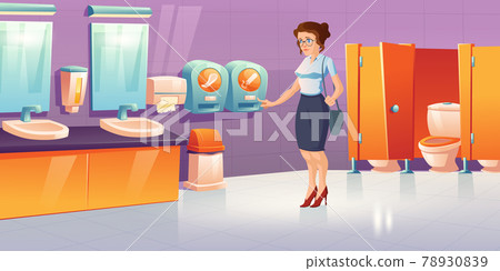 Woman in public toilet with tampon vending machine Woman in public toilet with tampon vending machine 78930839